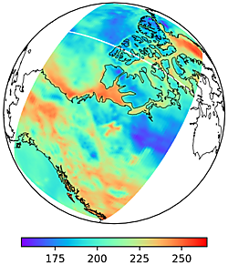 A brightness temperature (K) swath measured at 88.2 GHz by the Advanced Technology Microwave Sounder (ATMS) aboard the Suomi NPP satellite. We use theory and radiative transfer models to retrieve geophysical properties from data such as these.